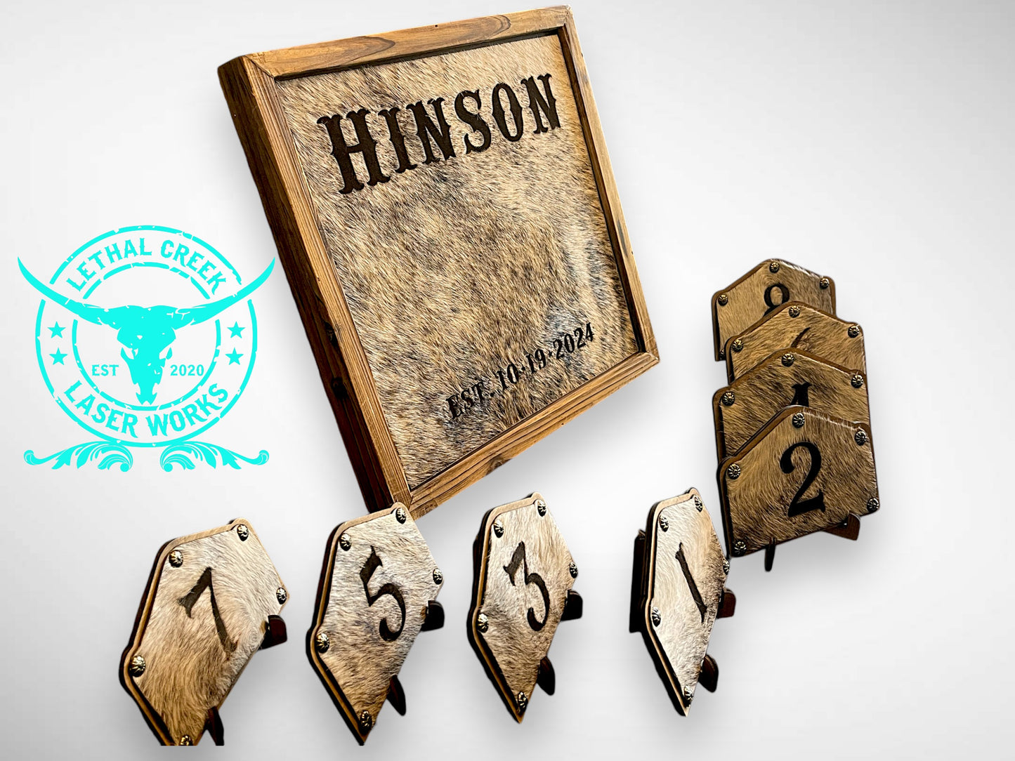 BRANDING COWHIDE FRAME & TABLE NUMBERS